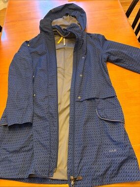 Lole Navy Hooded Trench Coat with Subtle Chevron print